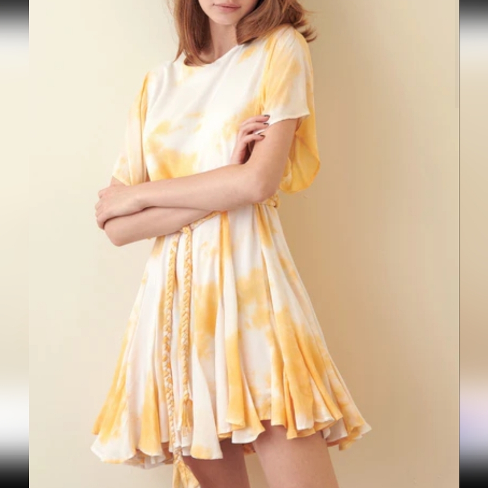 New Storia Tie Dye Swing Yellow Dress Medium‎ *Missing Belt*